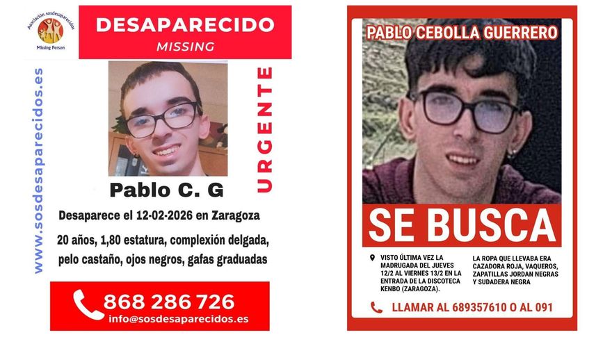 Buscan en Zaragoza a Pablo Cebolla, un joven de 20 años que desapareció el viernes 13 de febrero