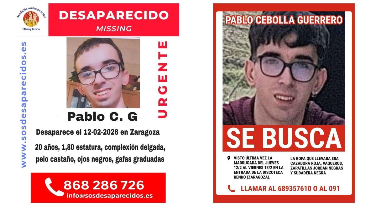 Buscan en Zaragoza a Pablo Cebolla, un joven de 20 años que desapareció el viernes 13 de febrero