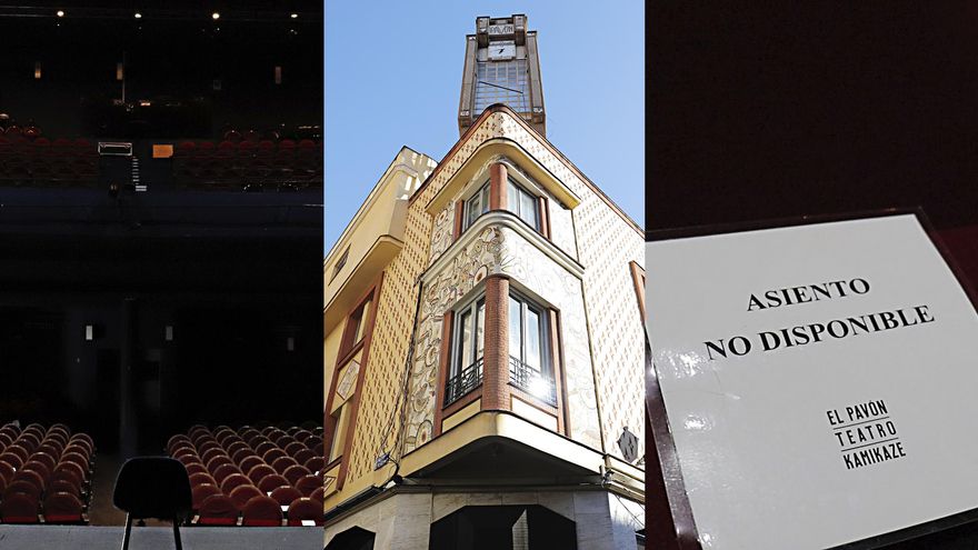 Interior del patio de butacas y fachada exterior de El Pavón Teatro Kamikaze en Madrid