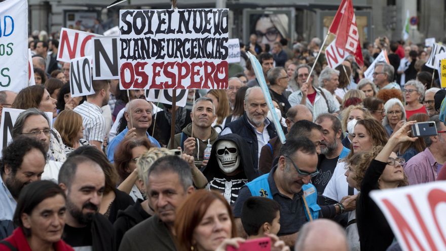 Cientos de personas con pancartas durante una manifestación para pedir una sanidad madrileña pública, universal y de calidad, a 22 de octubre de 2022, en Madrid (España).