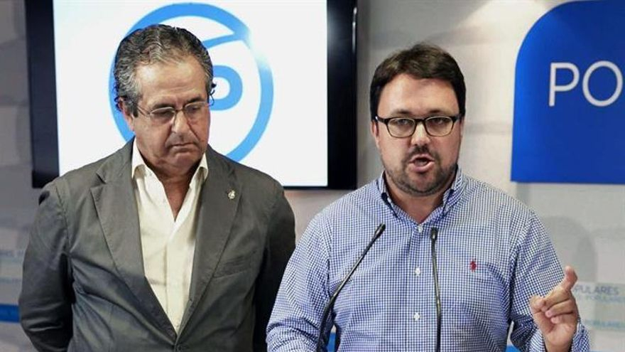 El secretario organización del PP de Canarias, Asier Antona y el senador Antonio Alarcó, durante la rueda de prensa ofrecida este jueves. EFE/Cristóbal García