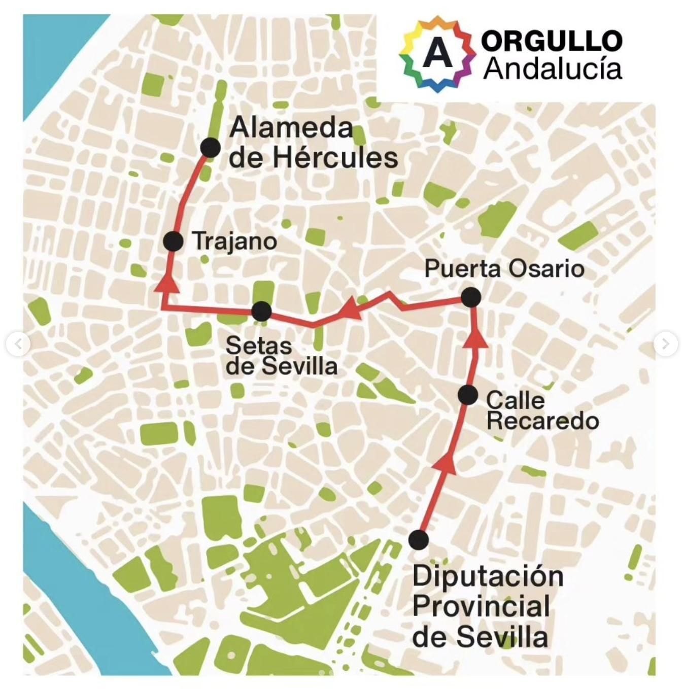 Mapa de Sevilla con el recorrido de la marcha del orgullo 2023