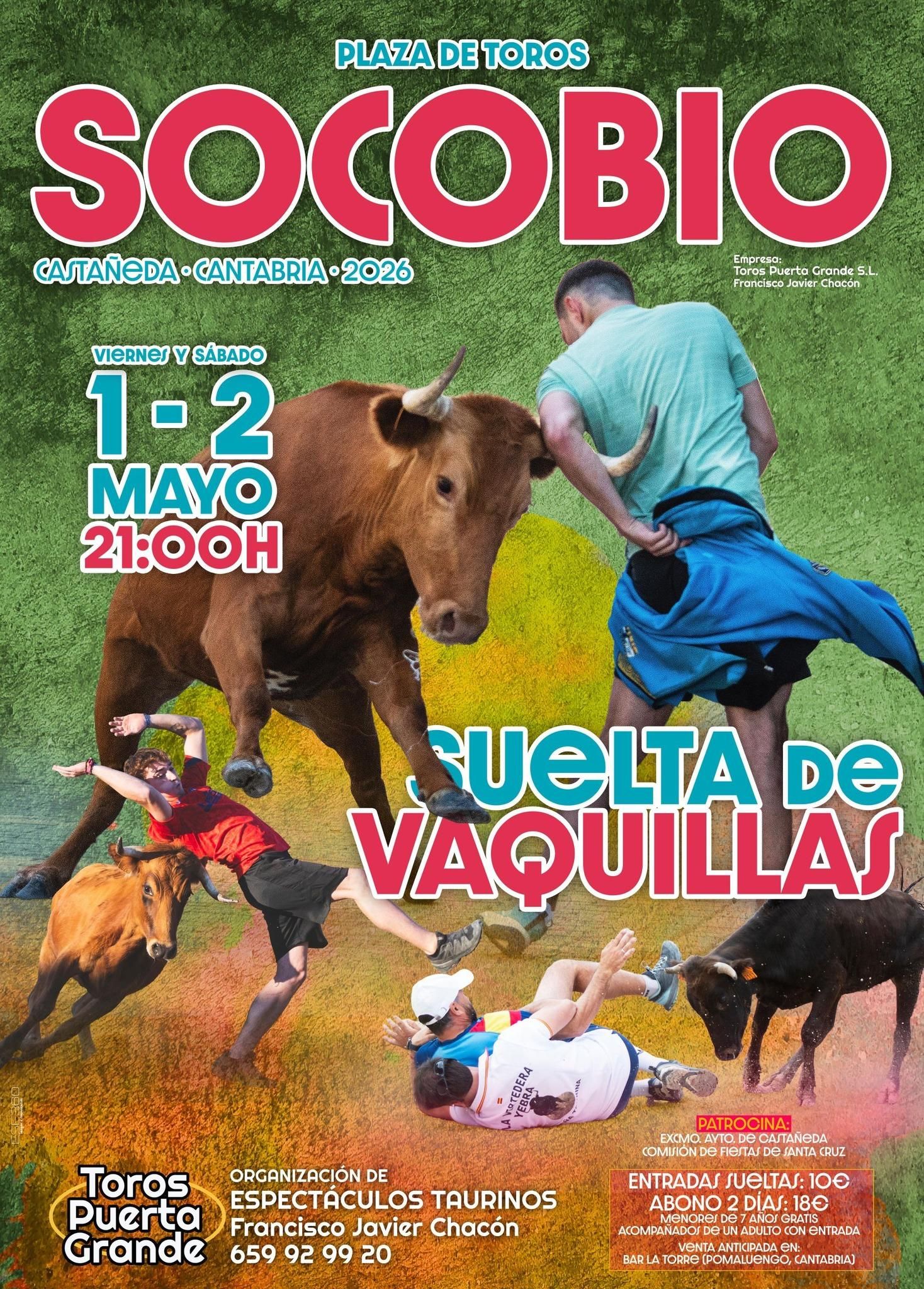 Cartel de un evento taurino celebrado en Castañeda el 1 y 2 de mayo en el que se anuncia la gratuidad para menores de 7 años.