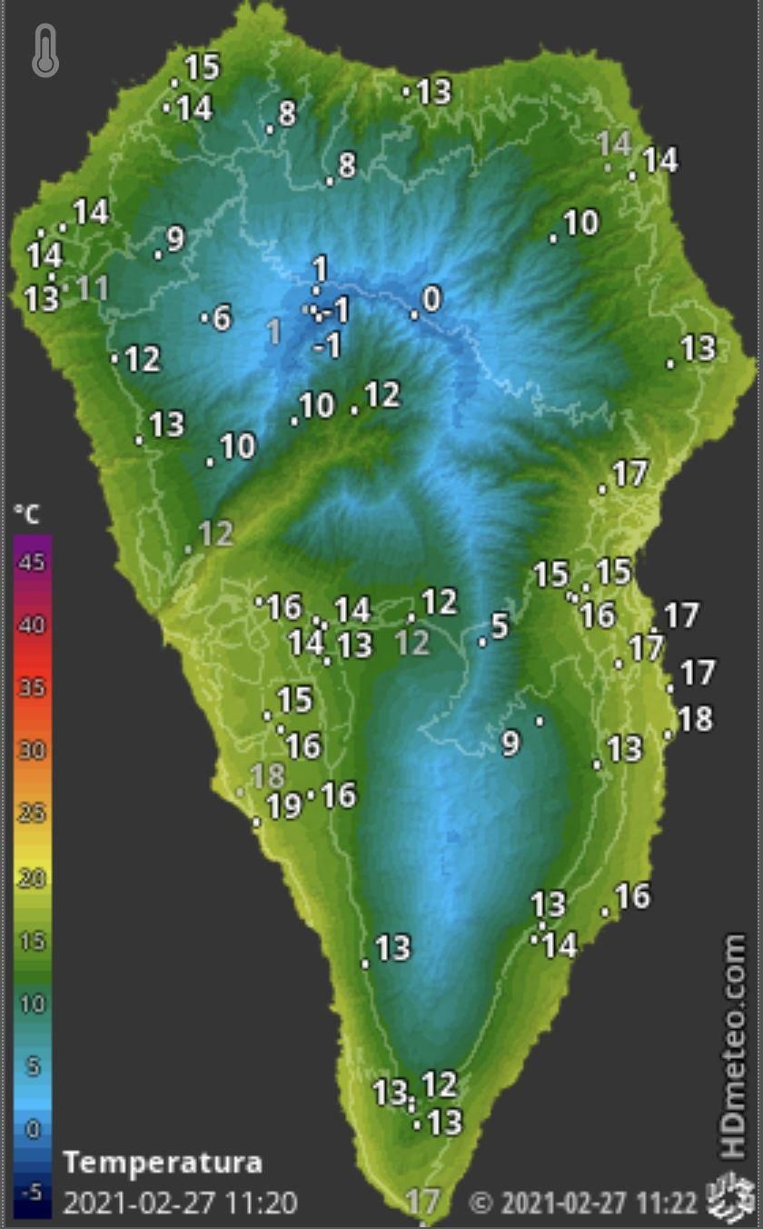 Mapa de HD Meteo La Palma donde se indica la temperatura que, a las  11.20 horas de este sábado, 27 de febrero, se registraba en distintos puntos de La Palma.