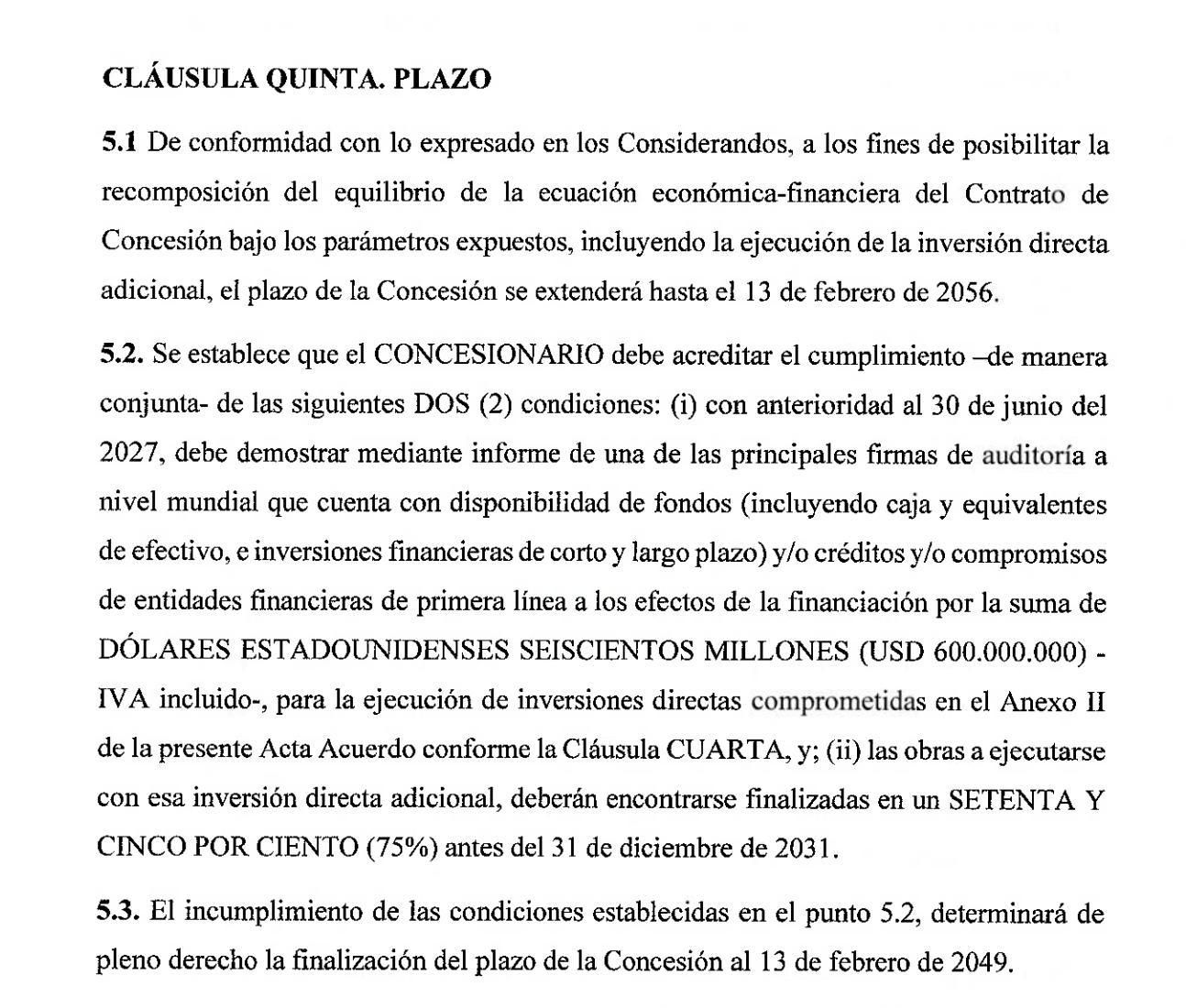 La cláusula en el contrado entre el Estado y Eurnekian que amplía el contrato hasta 2056.