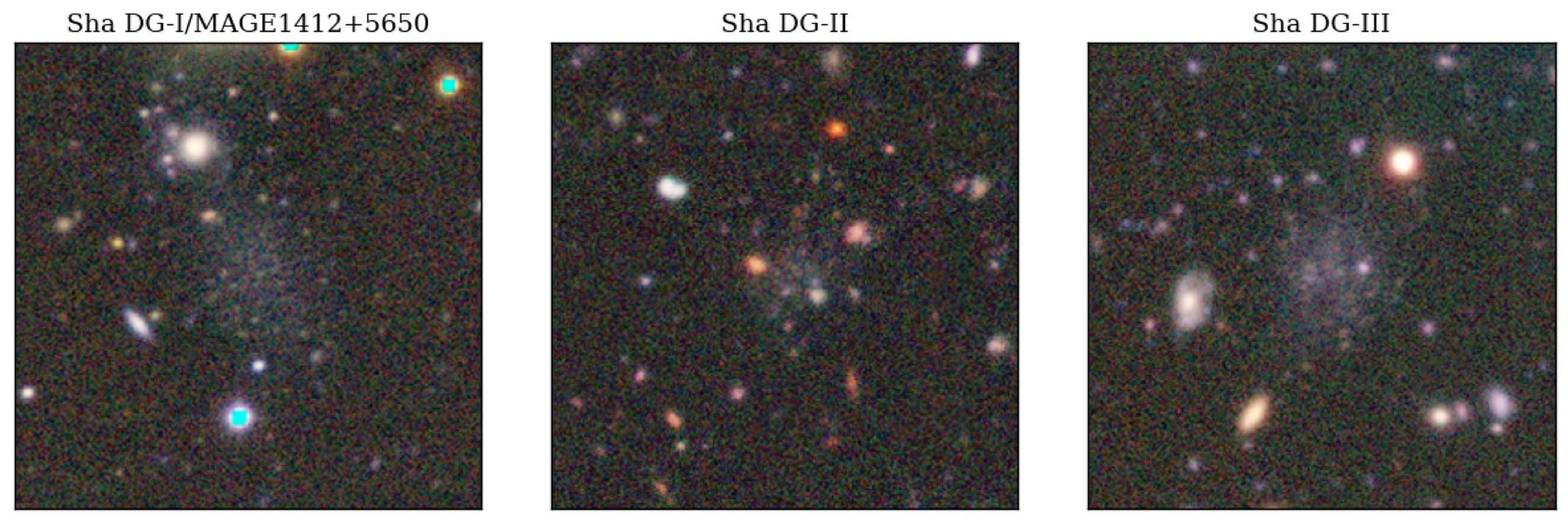 Imágenes recortadas z/i, r, g de Shapiro DG-I/MAGE1412+5650 (izquierda), Shapiro DG-II (centro) y Shapiro DG-III (derecha) de Subaru Hyper Suprime-Cam y el Canada–France–Hawaii Telescope Legacy Survey.