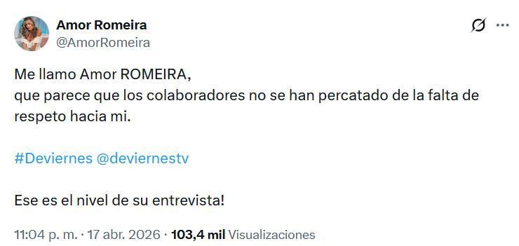 Mensaje de Amor Romeira en la red social X contra el equipo de 'De Viernes'