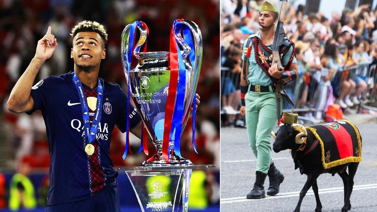 Un jugador del PSG celebra la victoria de su equipo en la final de la Champions League 2026 / Un militar desfila en el Día de las Fuerzas Armadas
