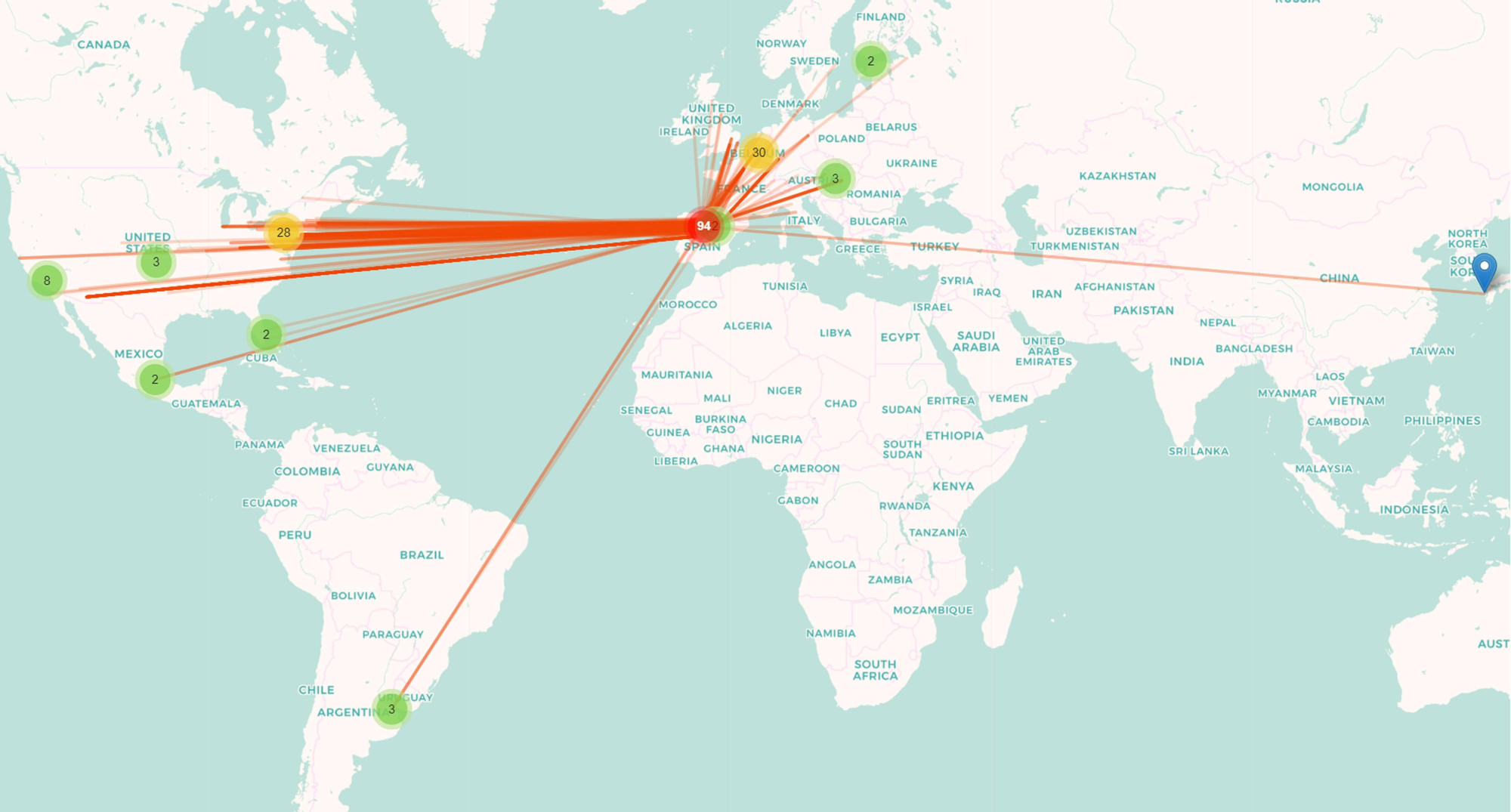 Mapa del mundo con el reparto de obras de arte de Castilla y León localizadas por el proyecto.