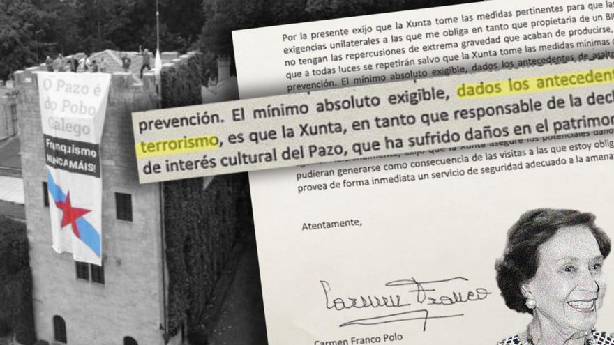 Montaje fotográfico con imágenes de la acción de los '19 de Meirás', Carmen Franco y la carta que envió a la Xunta tras la protesta