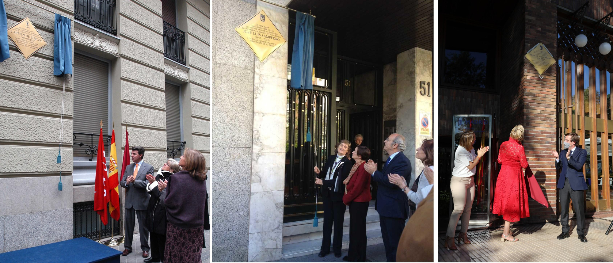 Ayuntamiento de Madrid instalando placas de homenaje. De izquierda a derecha: a Carmen de Burgos en 2007, a José Luis Sampedro en 2014 y a PIlar de Valderrama en 2021