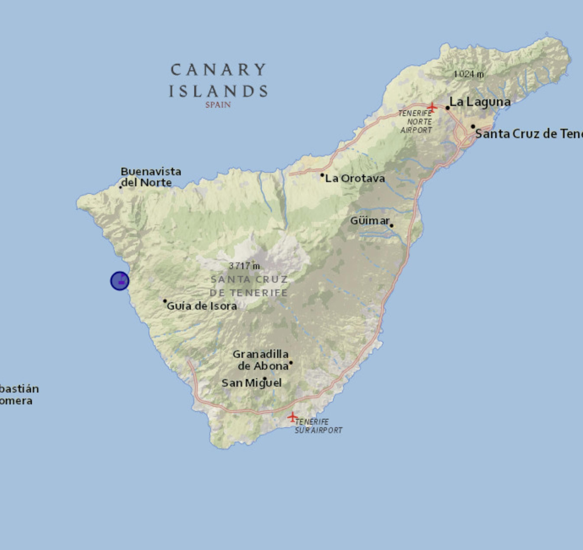 Mapa de la isla de Tenerife, que indica el lugar donde fue hallado el cuerpo sin vida de una persona este lunes.