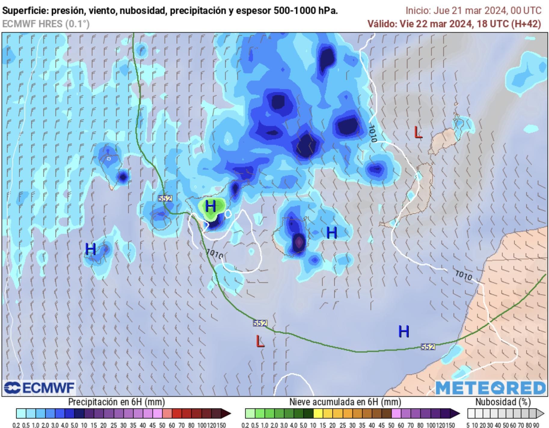 Mapa del modelo europeo para el viernes en Canarias, con lluvias y nieve en la cumbre de Tenerife.