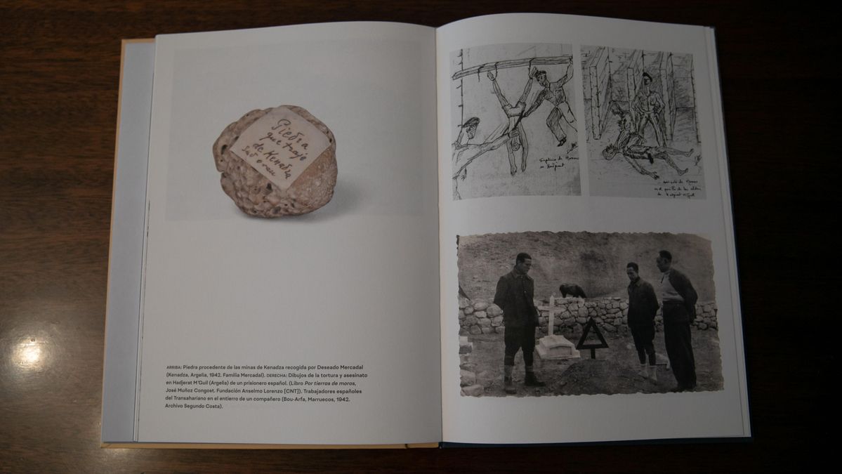 Dibujos de torturas en el campo argelino de Hadjerat, conocido como el 'de la muerte'. No se conservaron instantáneas de aquel horror. Debajo, la fotografía del entierro de un exiliado republicano en el campo de Bou Arfa / "Del Éxodo y del Viento” - Juan Valbuena (ed.)