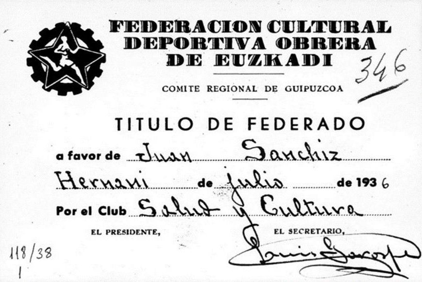Un título de federado de la Federación Cultural Deportiva Obrera de Euzkadi