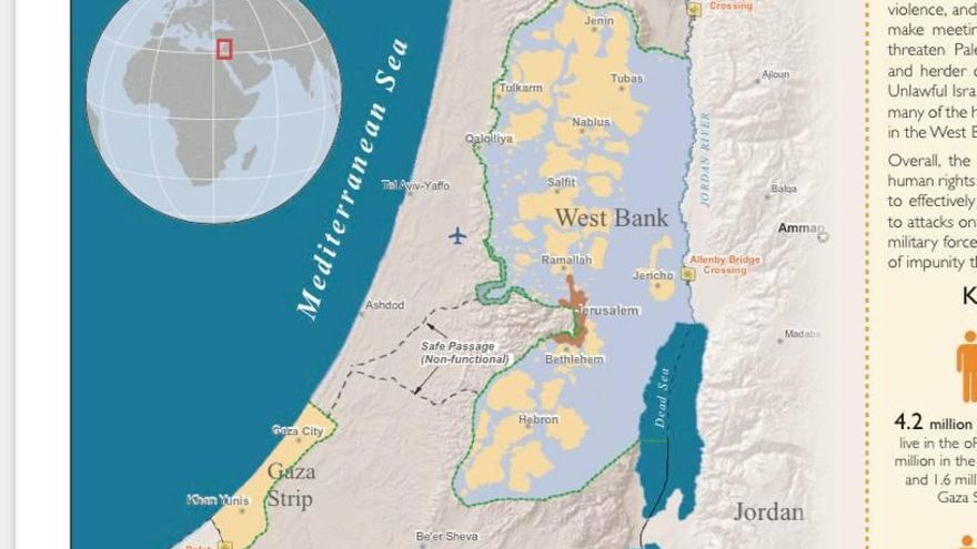 Mapa de los Territorios Ocupados Palestinos. En azul, en Cisjordania, el área C, correspondiente a la ocupación ilegal israelí 