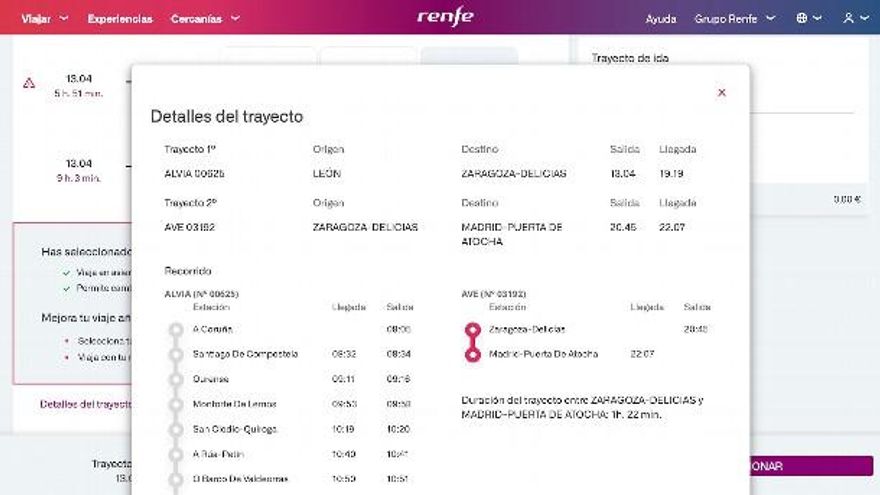 Venta de billetes entre León y Madrid con 9 horas de duración, vía Zaragoza