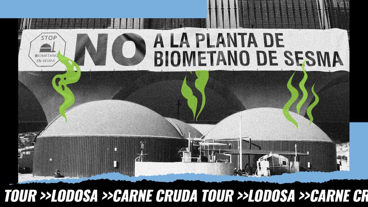 Montaje: una foto de archivo de una planta de biogas sobre una pancarta contra estas instalaciones en el Ayuntamiento de Lodosa
