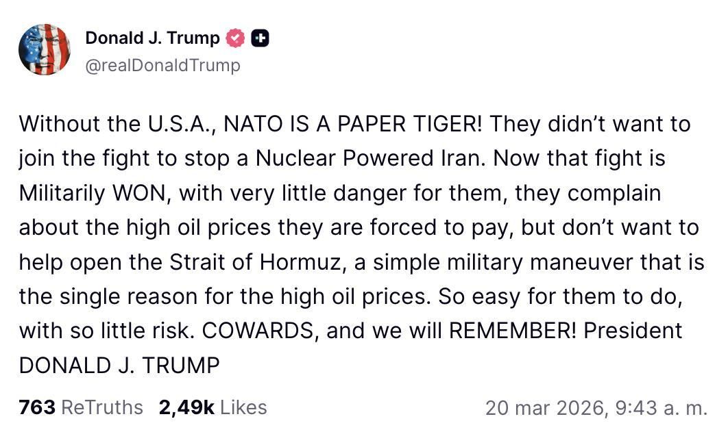 Truth Social de Trump contra los aliados de la OTAN.