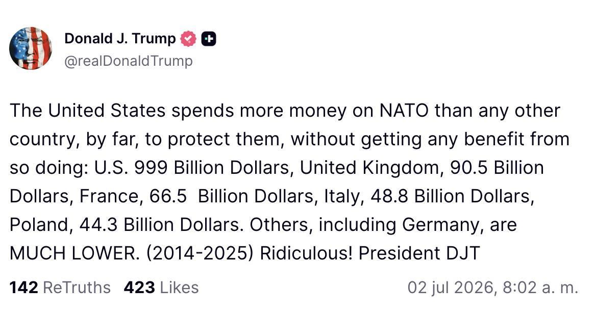 Truth Social de Trump sobre la OTAN.