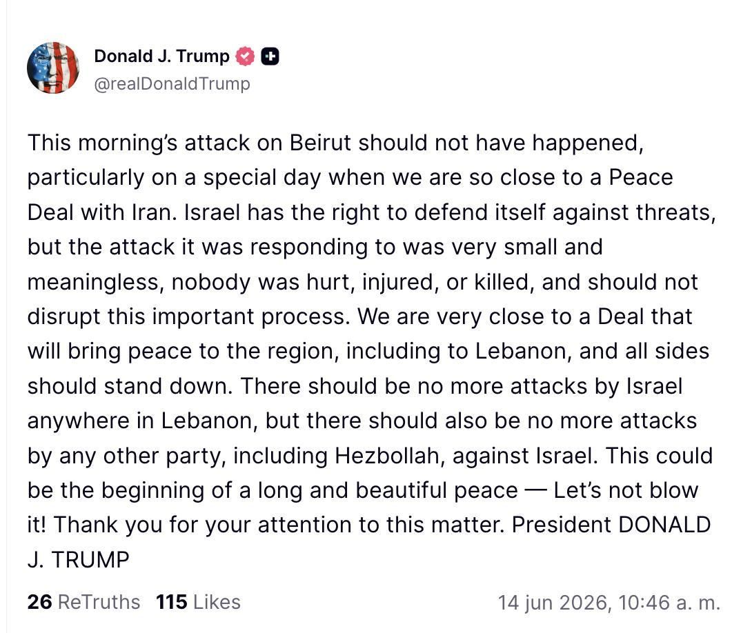Truth Social de Trump sobre el ataque de Israel contra Beirut.