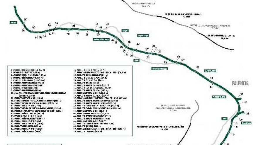 En verde, la línea del AVE en construcción. En gris, la línea tradicional de tren.