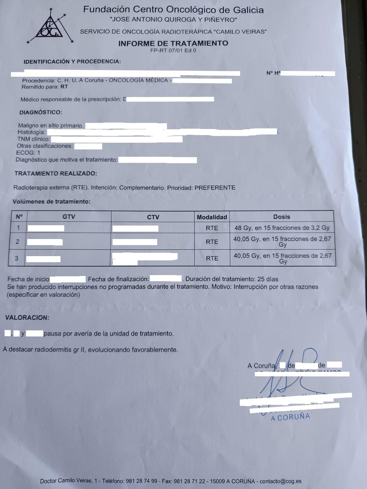El informe de una paciente con cáncer que refleja las interrupciones en su tratamiento de radioterapia en el Centro Oncolóxico.