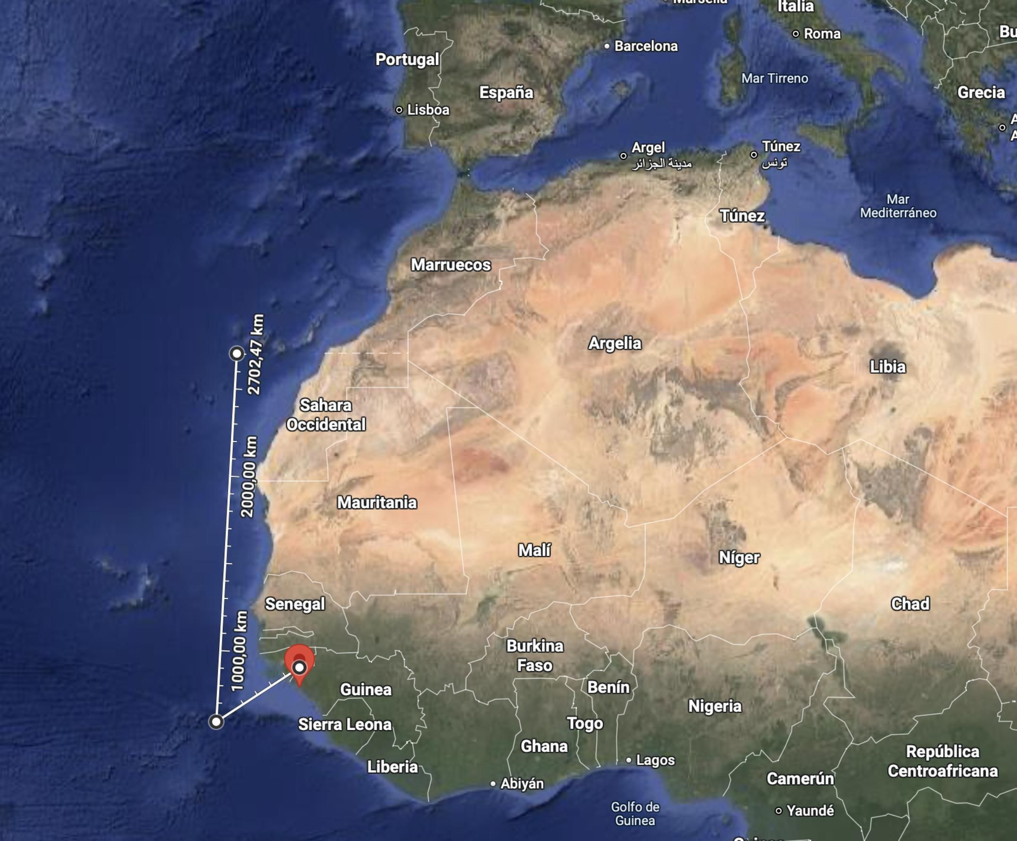 Distancia entre el puerto de Kamsar (Guinea Conakry) y el muelle de La Restinga (El Hierro)