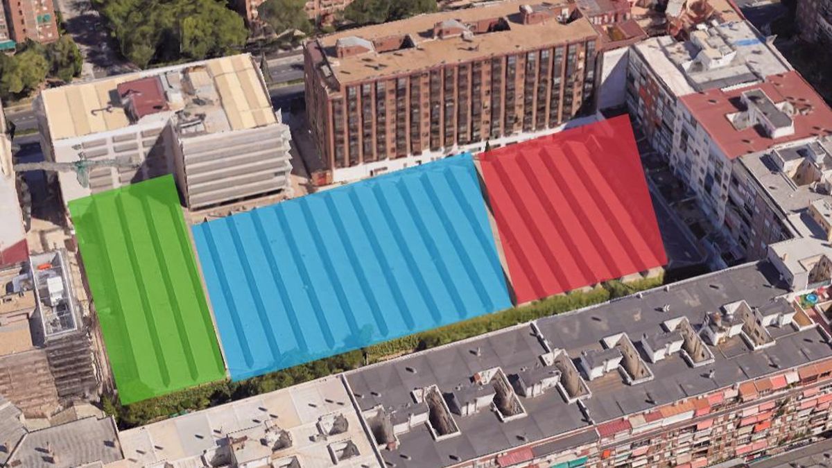 Vista aérea de la parcela situada en Doctor Esquerdo 138, con la zona de jardines (verde) la del pabellón y piscina (azul) y el posible polideportivo de gestión privada (rojo)