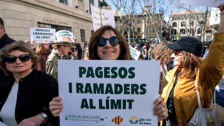 Varias personas muestran el lema de la Tractorada "Pagesos i ramaders al límit!", organizada por las entidades agrarias de Baleares en defensa de una ley de precios agrarios mínimos, compensación de la insularidad y apuesta por el producto local, hoy en las calles de Palma.