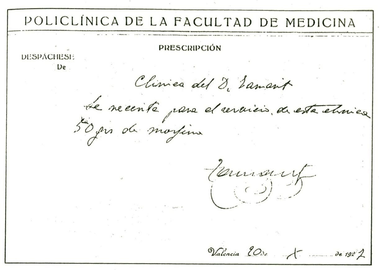 Receta de 50 gramos de morfina extendida por el doctor Tamarit.