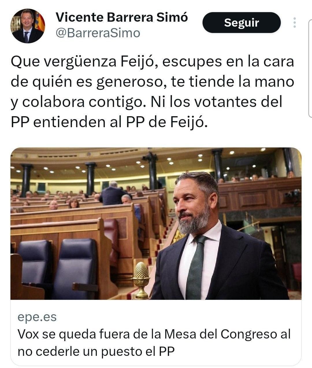 La publicación de Barrera en redes sociales que después ha eliminado.