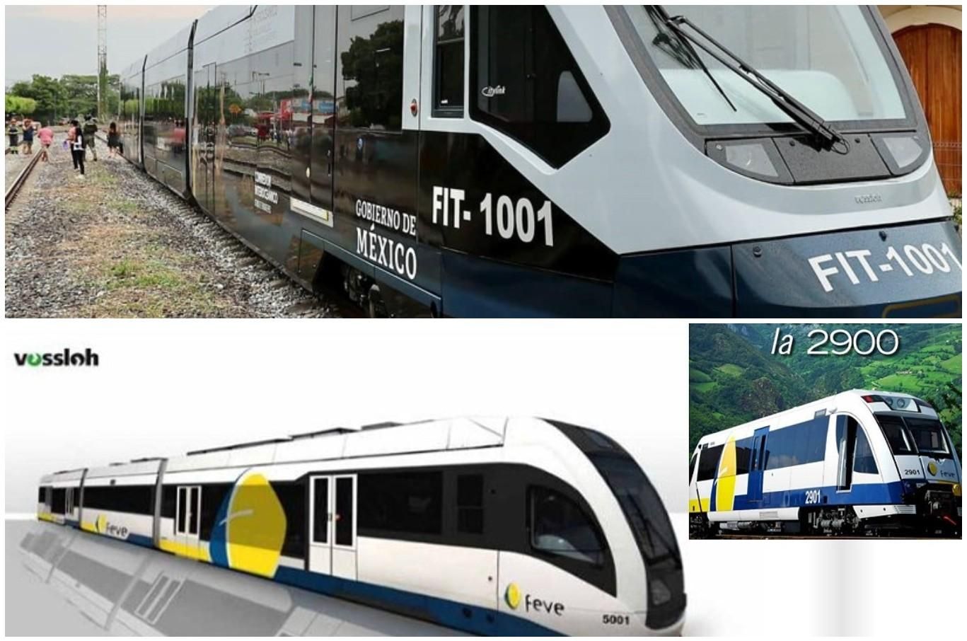 Abajo, el tren-tram encargado de Feve que jamás circuló, arriba reconvertido en una línea ferroviaria mexicana.