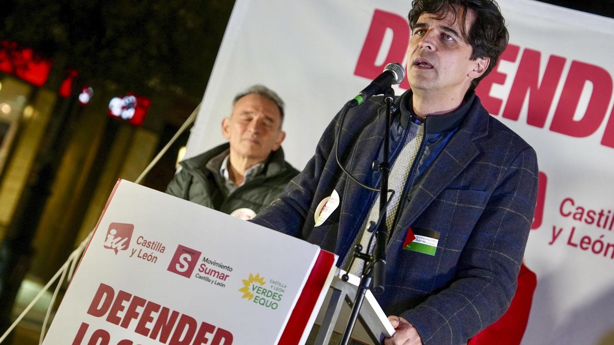 El candidato a la presidencia de Castilla y León por IU-Sumar-Verdes Equo, Juan Gascón, durante el acto de cierre de campaña que su formación ha celebrado este Viernes en Valladolid. EFE/R. GARCIA.