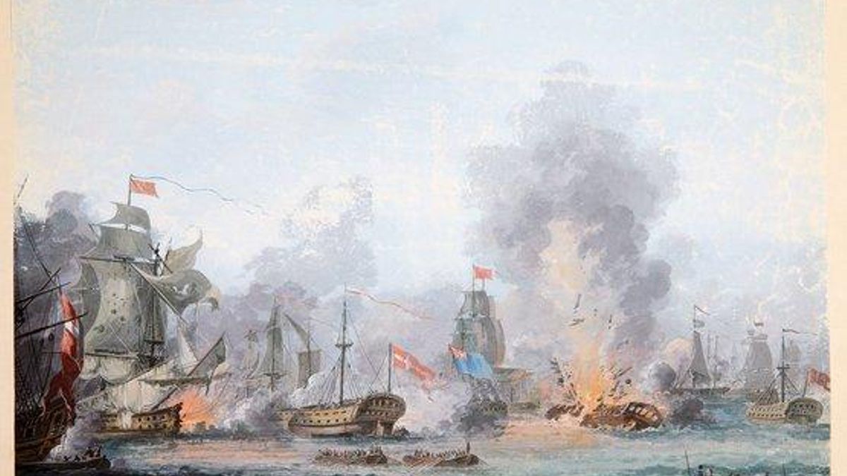 El Dannebroge explota durante la batalla de Copenhague el 2 de abril de 1801.