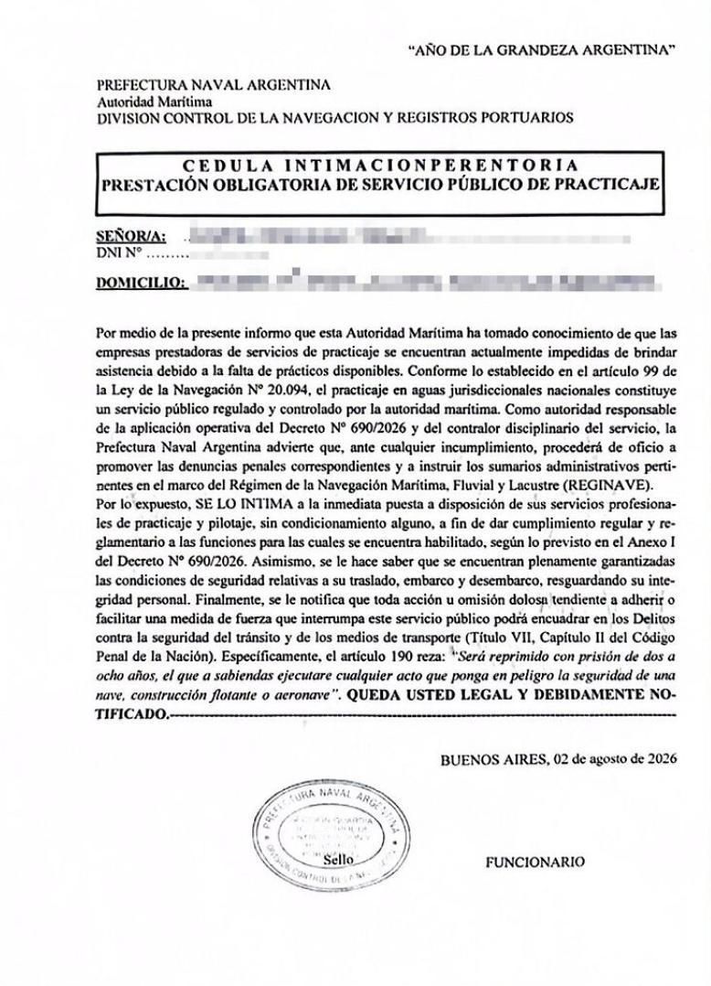 Una de las notificaciones de la Prefectura contra los prácticos.
