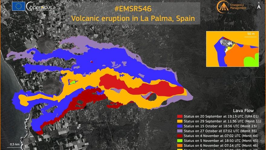 Mapa del último monitoreo de Copernicus sobre las edificaciones destruidas por el volcán de La Palma
