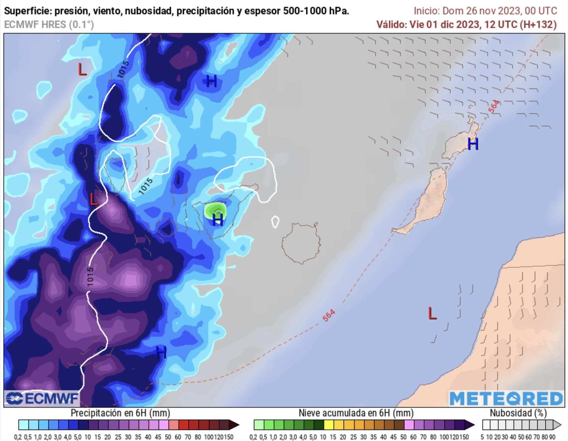 Mapa del modelo europeo con el paso del frente lluvioso por Canarias el viernes 1 de diciembre. La zona verde indica nieve.