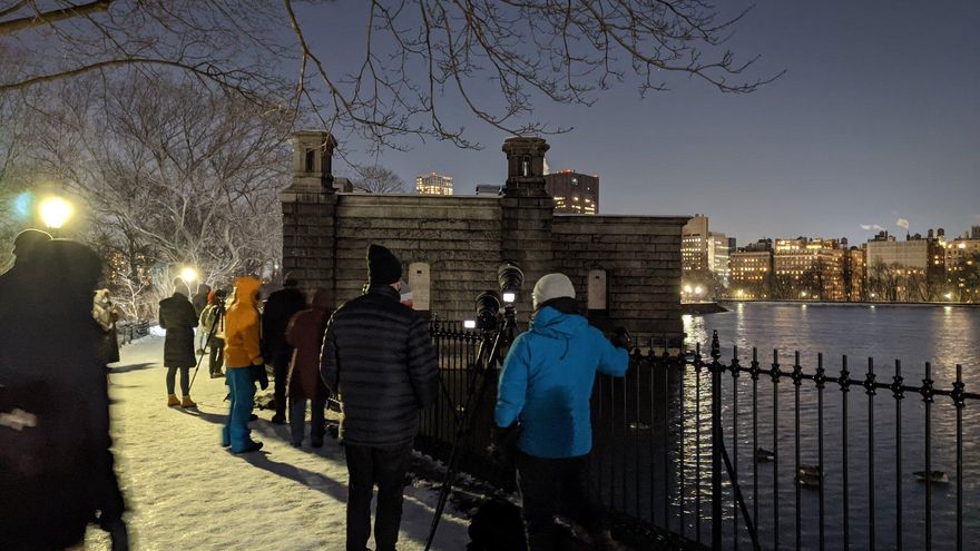 Fotógrafos y observadores de aves en Central Park durante una fría noche de febrero