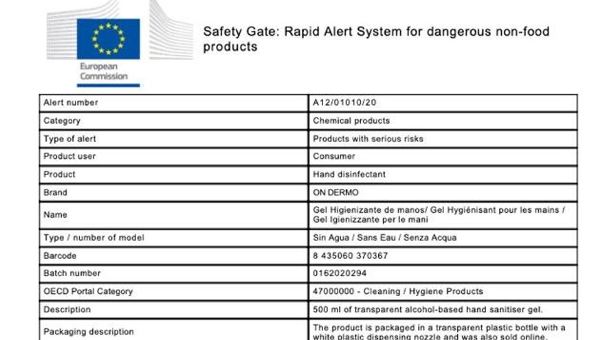 Aviso de retirada en Francia de un gel desinfectante español. 