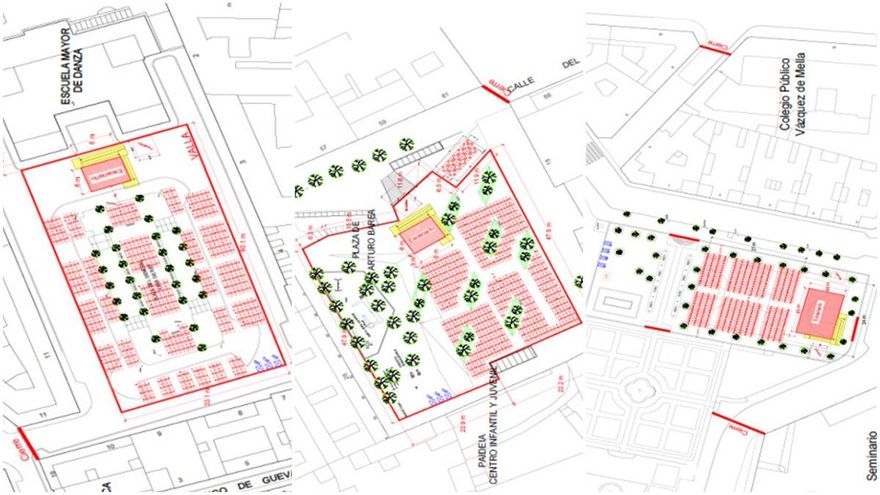 De izuquierda a derecha, distribución de las sillas de los escenarios de San Cayetano, San Lorenzo y La Paloma
