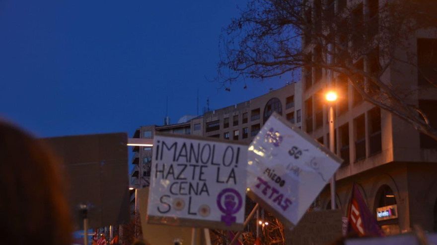 Pancarta de "Manolo, hazte la cena solo" en la manifestación del 8M de 2022 en Zaragoza