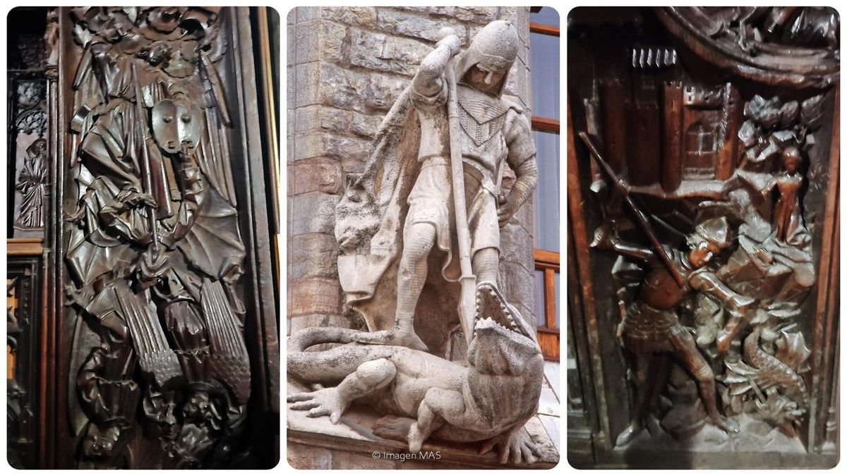 Dos representaciones de matadragones del coro de la Catedral flanquean al San Jorge de Gaudí en León.