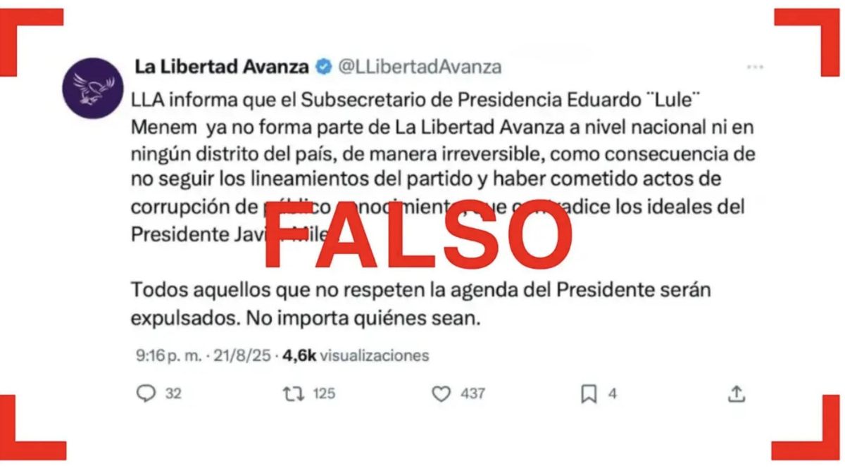 La imagen falsa reutilizó el texto con el que LLA anunció la expulsión de Ramiro Marra el 29 de enero de 2025.