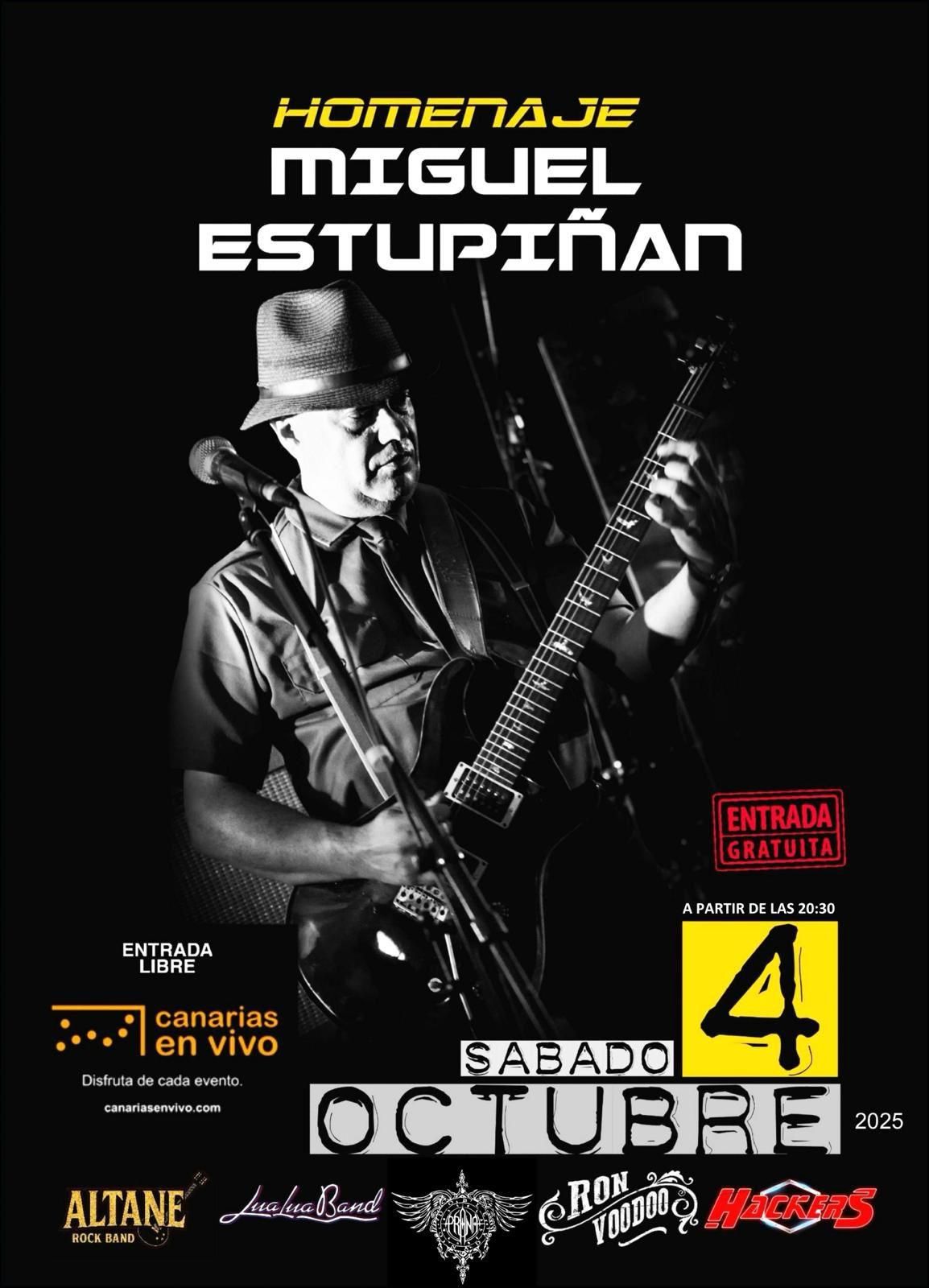 Cartel del homenaje a Miguel Estupiñán, diseñado por Víctor Guardia con una foto captada por César González.