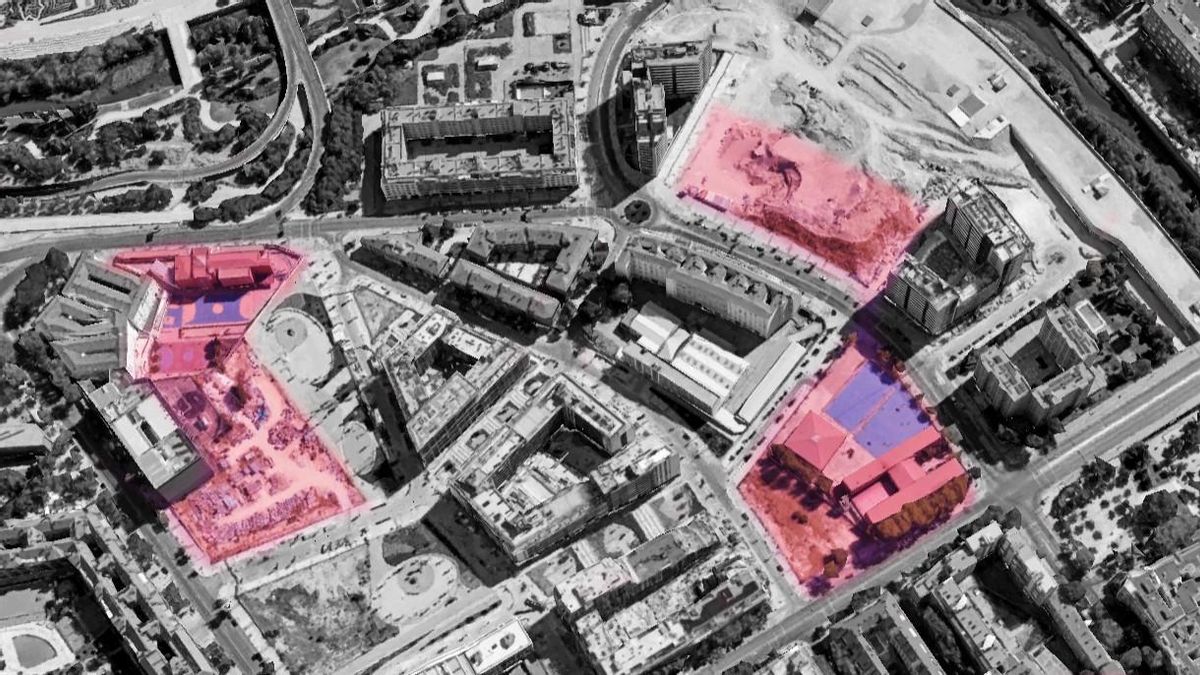 Parcelas disponibles junto a los centros educativos del ámbito Mahou Calderón (a los lados) y sobre la que está previsto el Musero de la EMT (en el centro)