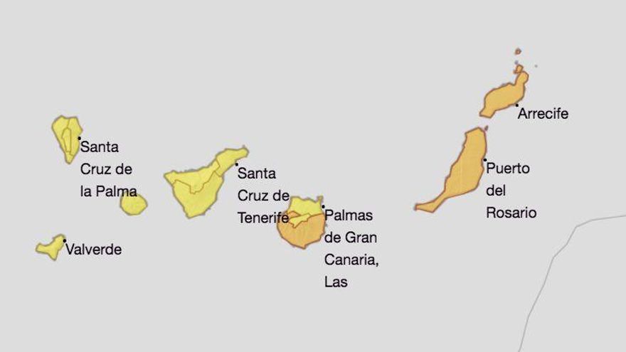 Mapa de la Aemet del aviso de riesgo por temperaturas máximas para este domingo, 18 de julio.