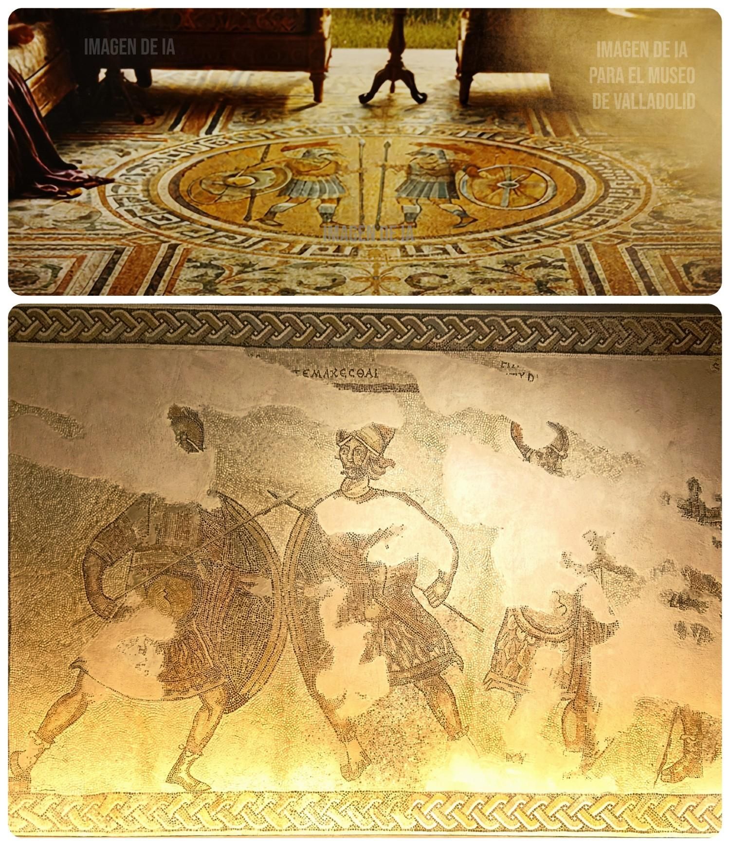 Diferencia entre el Mosaico Original de Cabezón de Pisuerga (guerreros Glauco y Diomedes) y el recreado por IA (arriba).