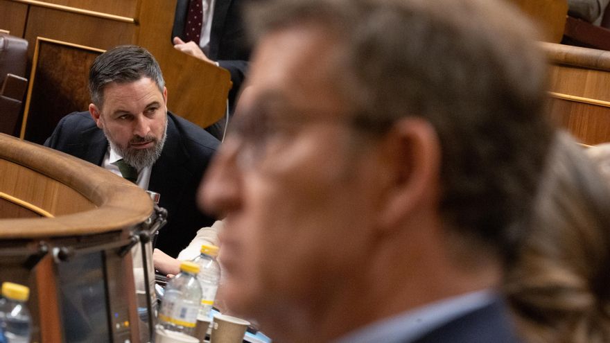 Archivo - El líder de VOX, Santiago Abascal, detrás de Alberto Núñez Feijóo, presidente del PP