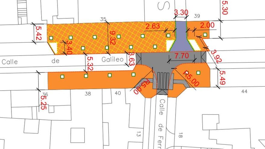 Plano inicial del proyecto de ampliación de aceras para Galileo que fue modificado durante las obras